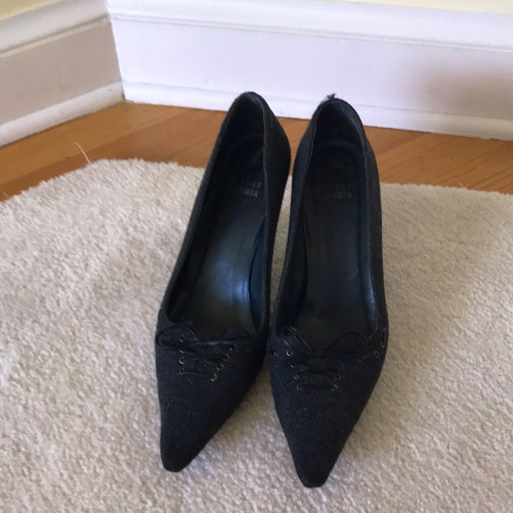 Charcoal grey Stuart Weitzman wool laced pumps.